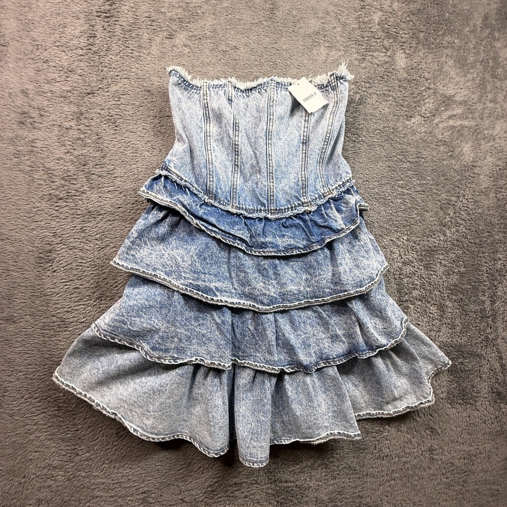 Forever 21 Denim Corset Mini Dress Tiered Ruffle Strapless Acid Wash Size L NWT